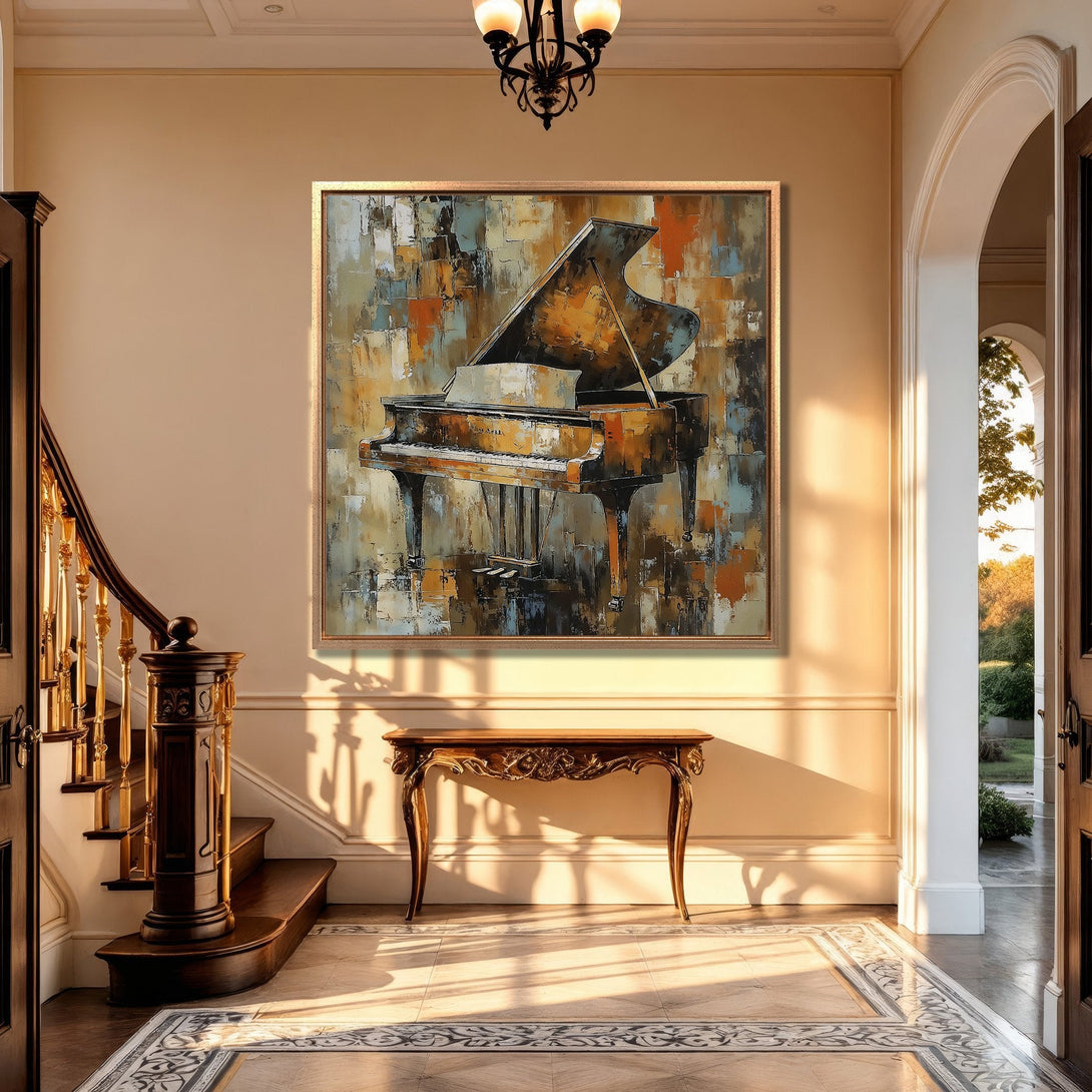 Framed Wall Art: Abstract piano painting with warm orange, brown, and blue tones. Adds elegance to any interior. Perfect for living rooms and hallways.