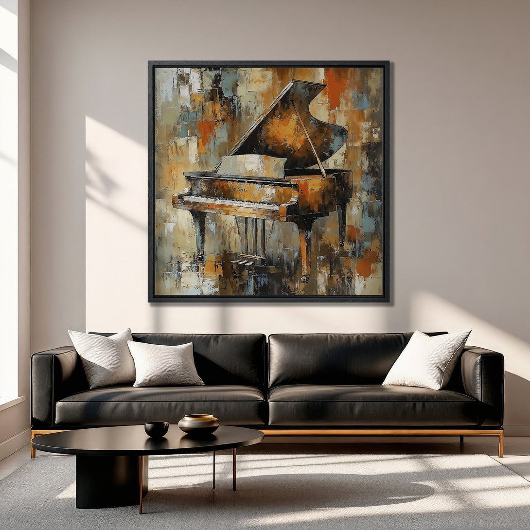 Framed Wall Art of a grand piano in an abstract style with warm orange and brown tones, perfect for living room decor.