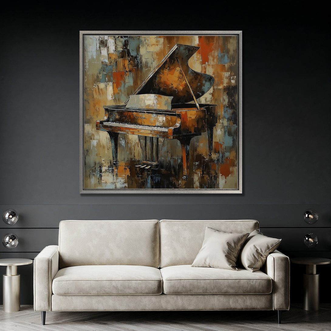 Framed Wall Art: Abstract piano painting in warm earth tones. Modern art canvas print adds elegance to any interior. Perfect for living rooms and bedrooms.