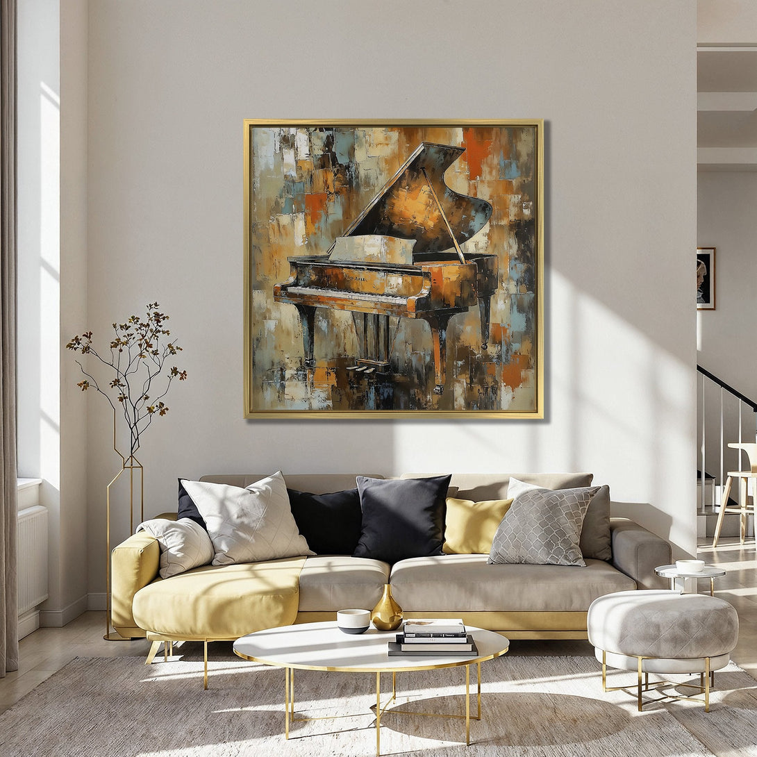 Canvas Print of a grand piano art piece in an abstract style with warm orange, brown, and blue tones. Perfect for living room decor.