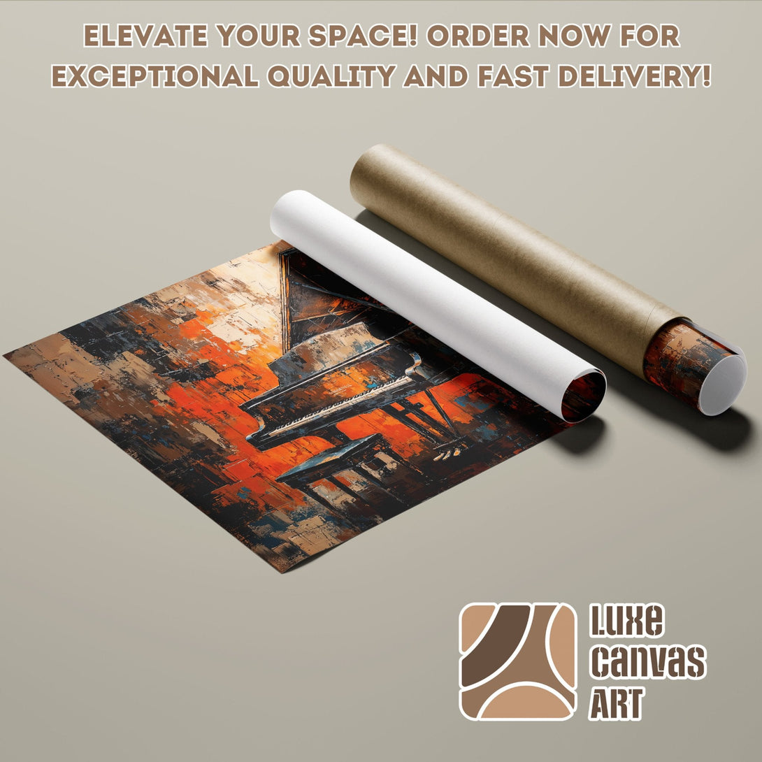Abstract piano art poster roll in warm orange and brown tones. Elevate your space!