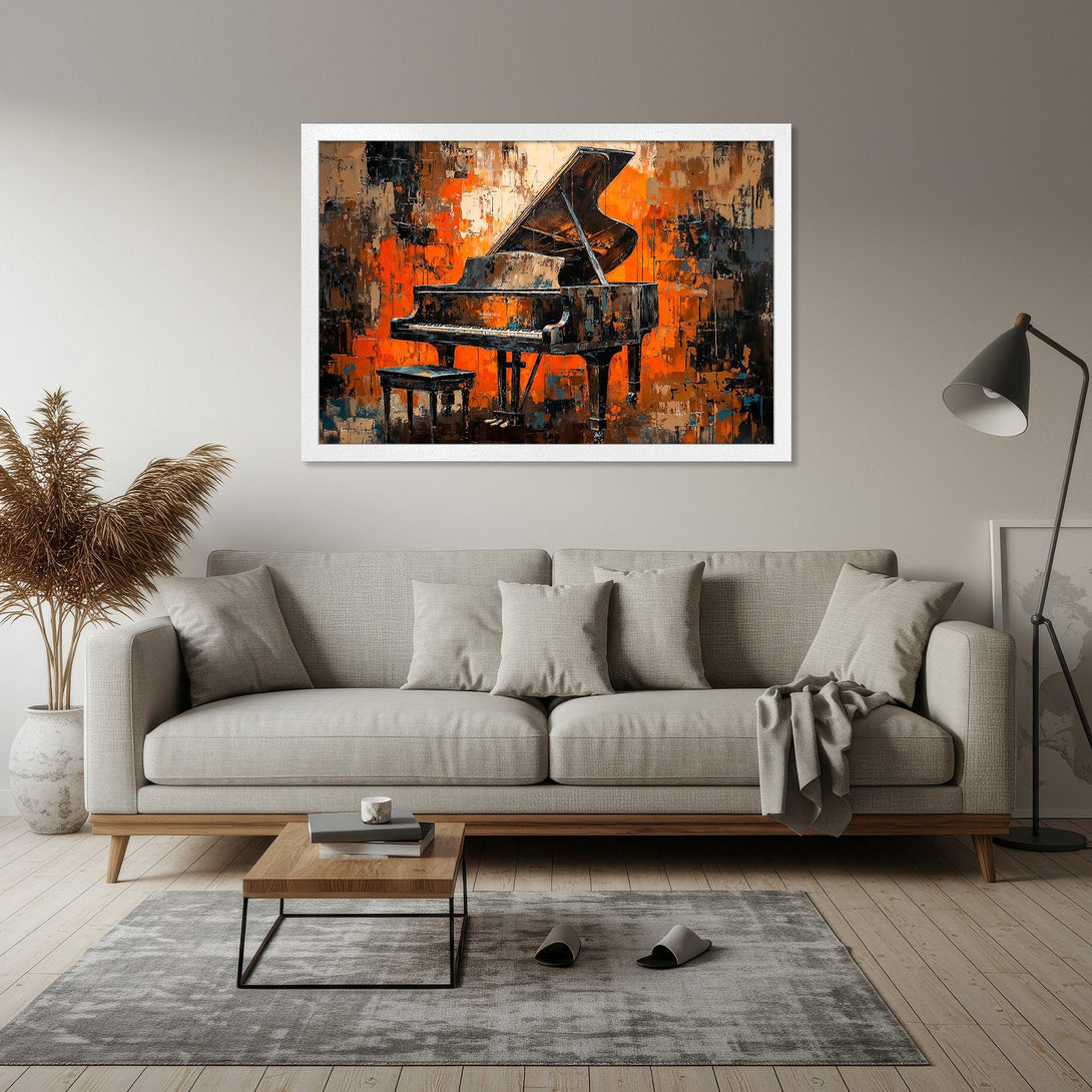 Framed Poster featuring a grand piano in abstract style with warm orange and brown tones. Perfect wall art for music lovers!