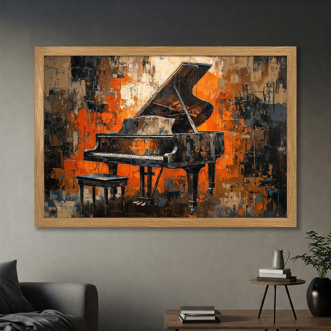 Framed Poster featuring a grand piano in an abstract, textured style with a warm orange and black color palette. Perfect wall art!