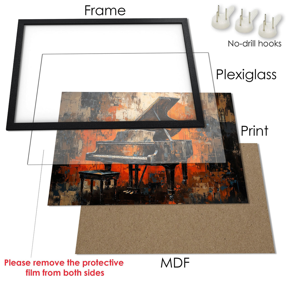 Framed Poster featuring a piano painting in an abstract style with a warm orange and brown color palette. Perfect wall art!