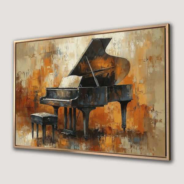 Framed Wall Art: Abstract piano painting in warm orange and brown tones. Perfect for adding musical elegance to any space.