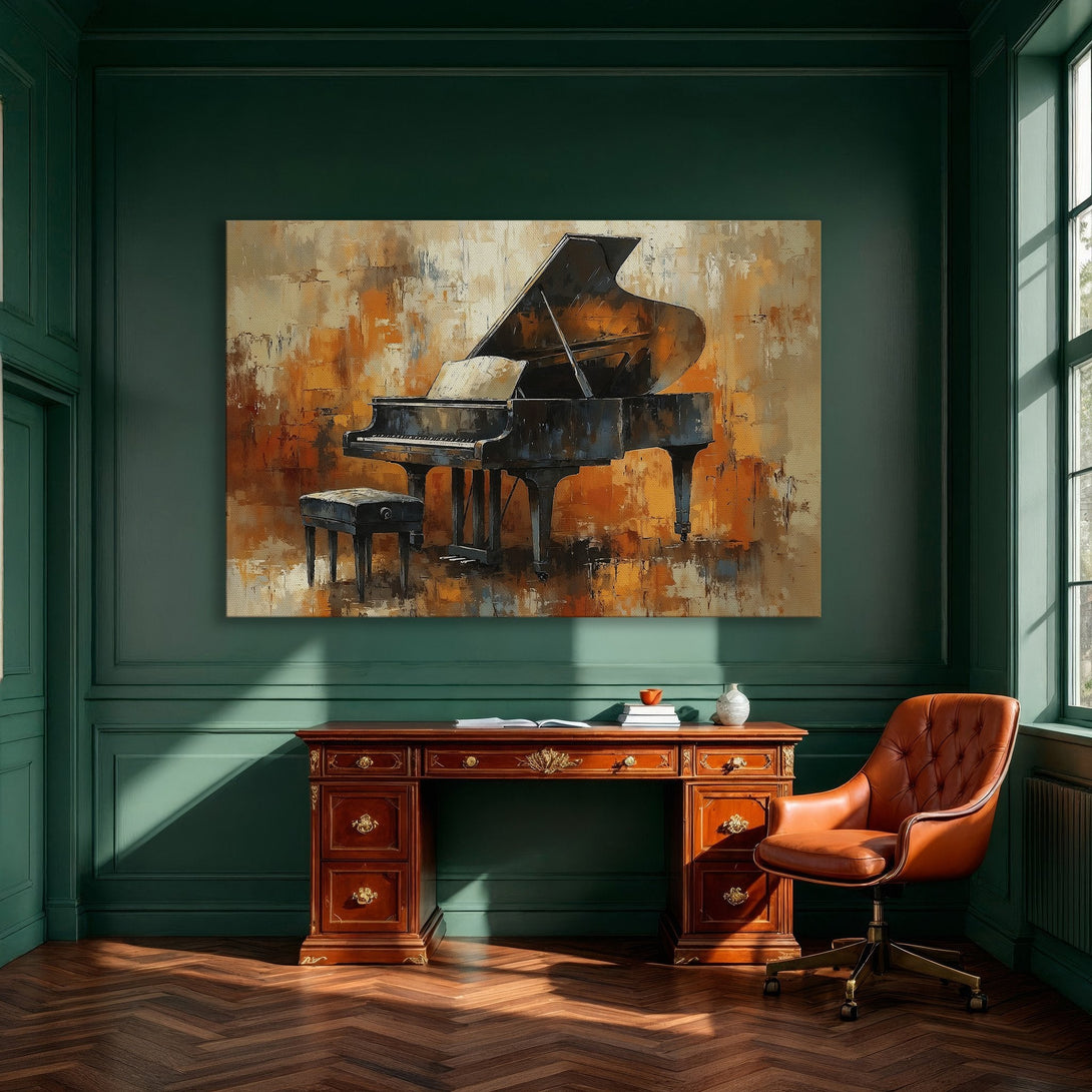 Framed Wall Art: Abstract piano painting in warm orange and beige tones. Enhance your space with this stunning canvas print!