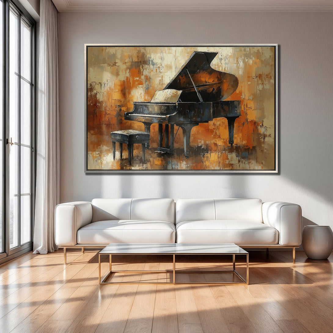 Framed Wall Art: Abstract piano painting in warm orange and brown tones. Modern living room decor with a white sofa.
