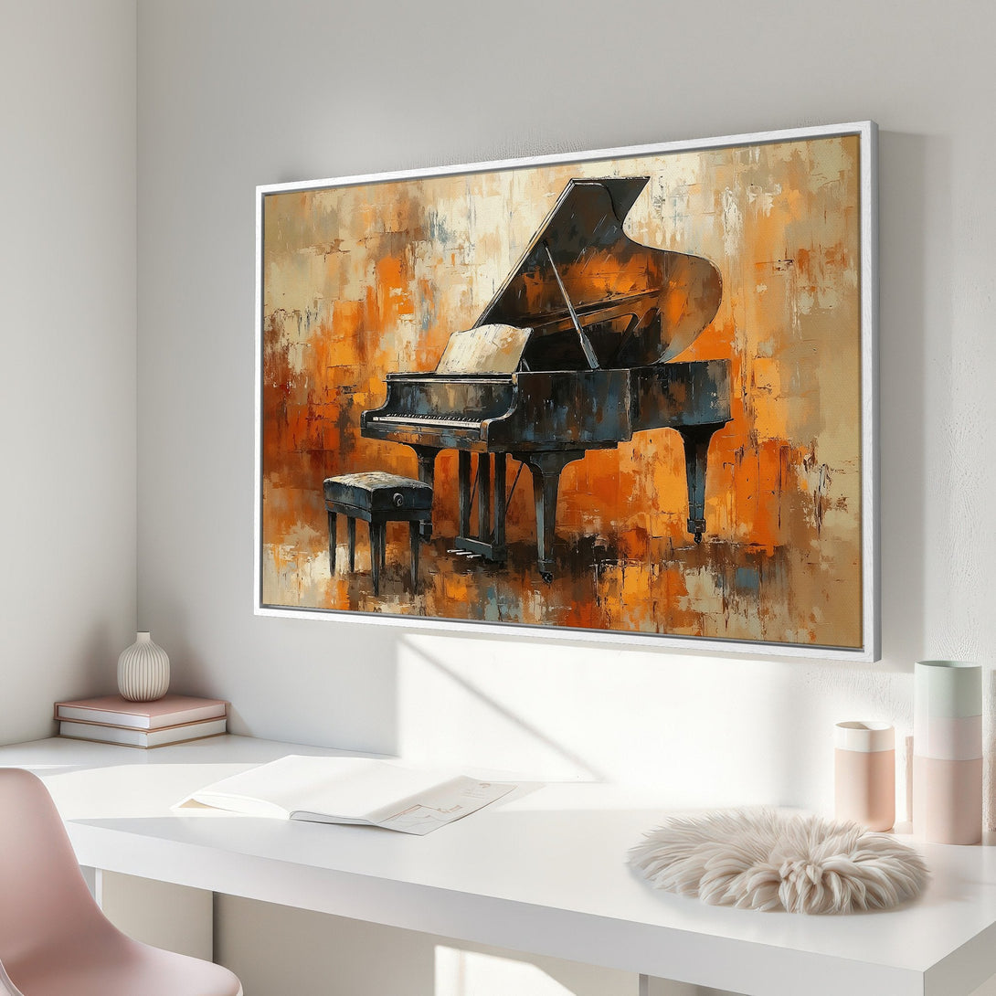 Framed Wall Art: Abstract piano painting in warm orange and brown tones. Add musical elegance to your home with this stunning canvas print.