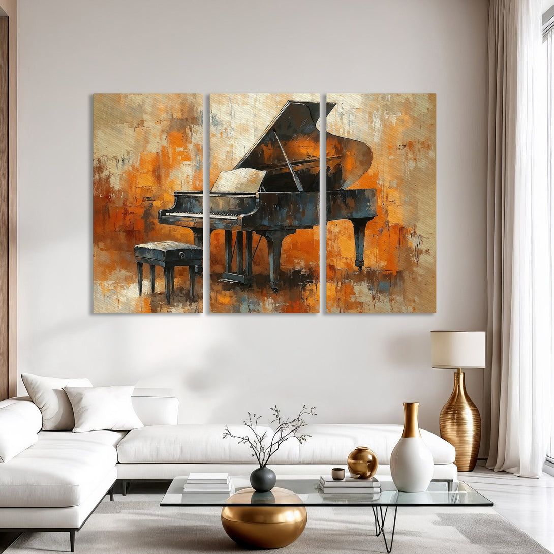 Canvas Print of a grand piano in an abstract style, featuring warm orange and beige tones. Perfect for adding artistic flair to any room.