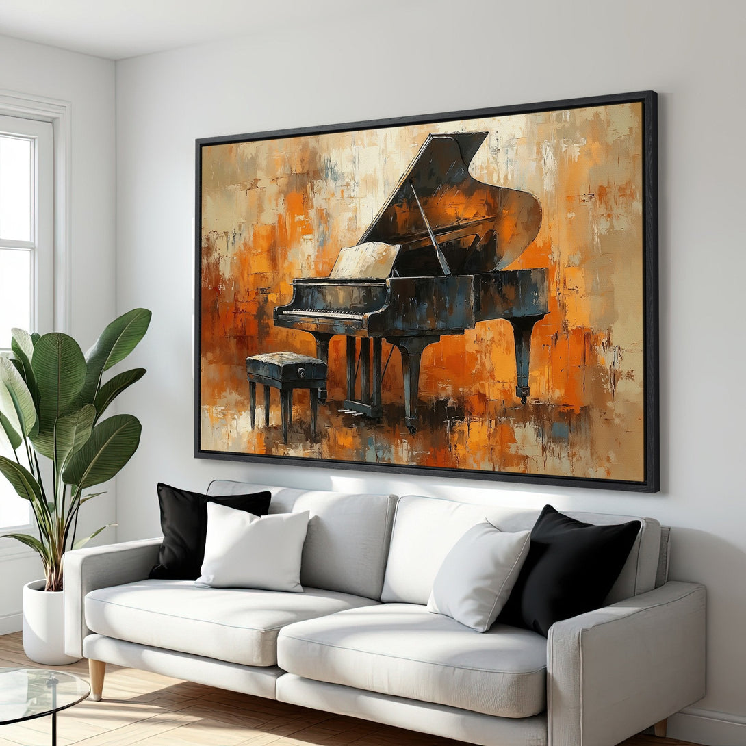 Framed Wall Art: Abstract piano painting in warm orange and black tones. Stylish decor for living room. Enhance your space with this unique Canvas Print.