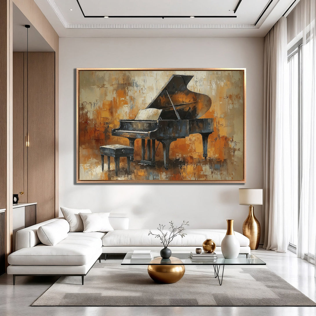 Framed Wall Art: Abstract piano painting in warm orange and brown tones. Modern art print for living room decor.