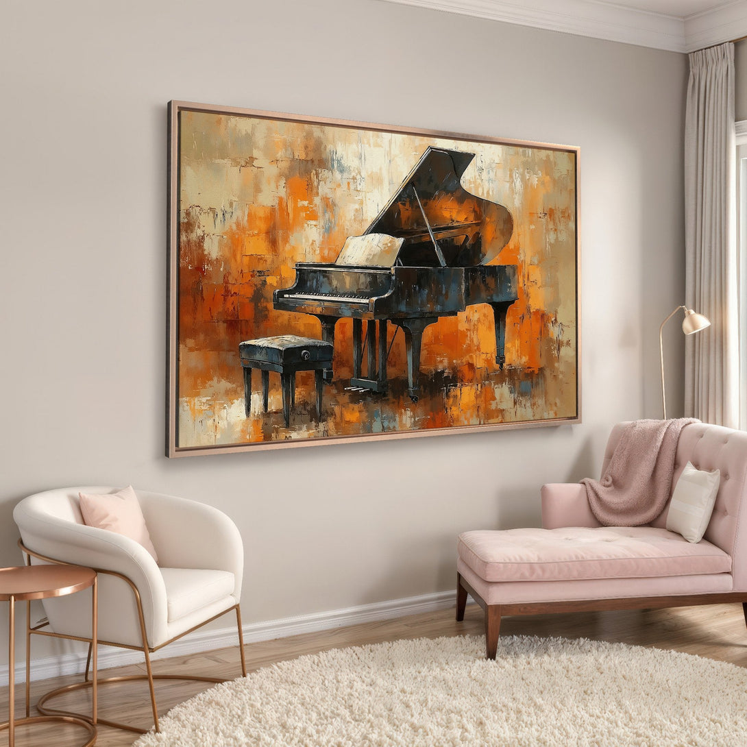 Framed Wall Art: Abstract piano painting in warm orange and brown tones. Stylish decor for any room. Enhance your space with this elegant Canvas Print.