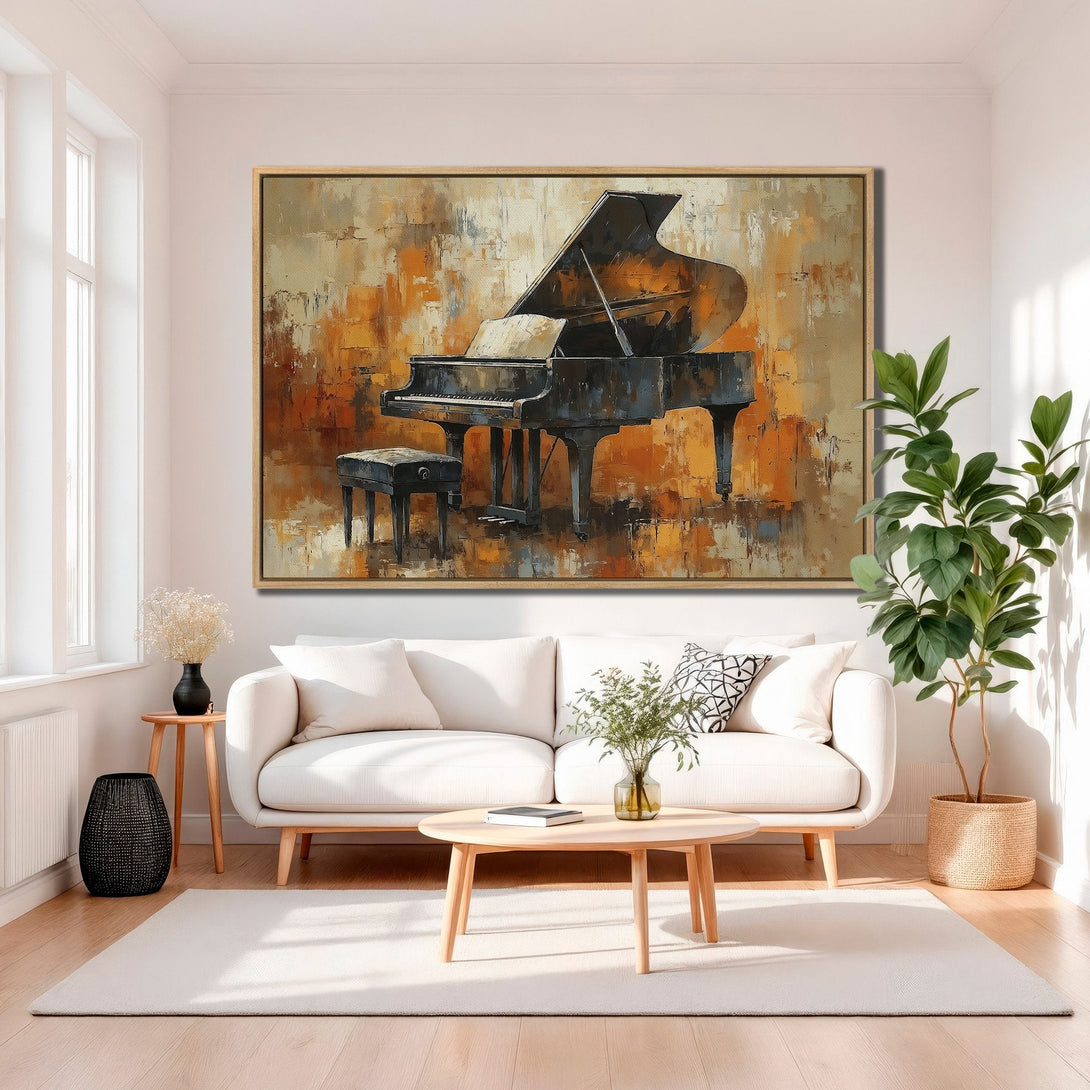 Framed Wall Art featuring an abstract piano painting in warm orange and brown tones, perfect for living room decor.