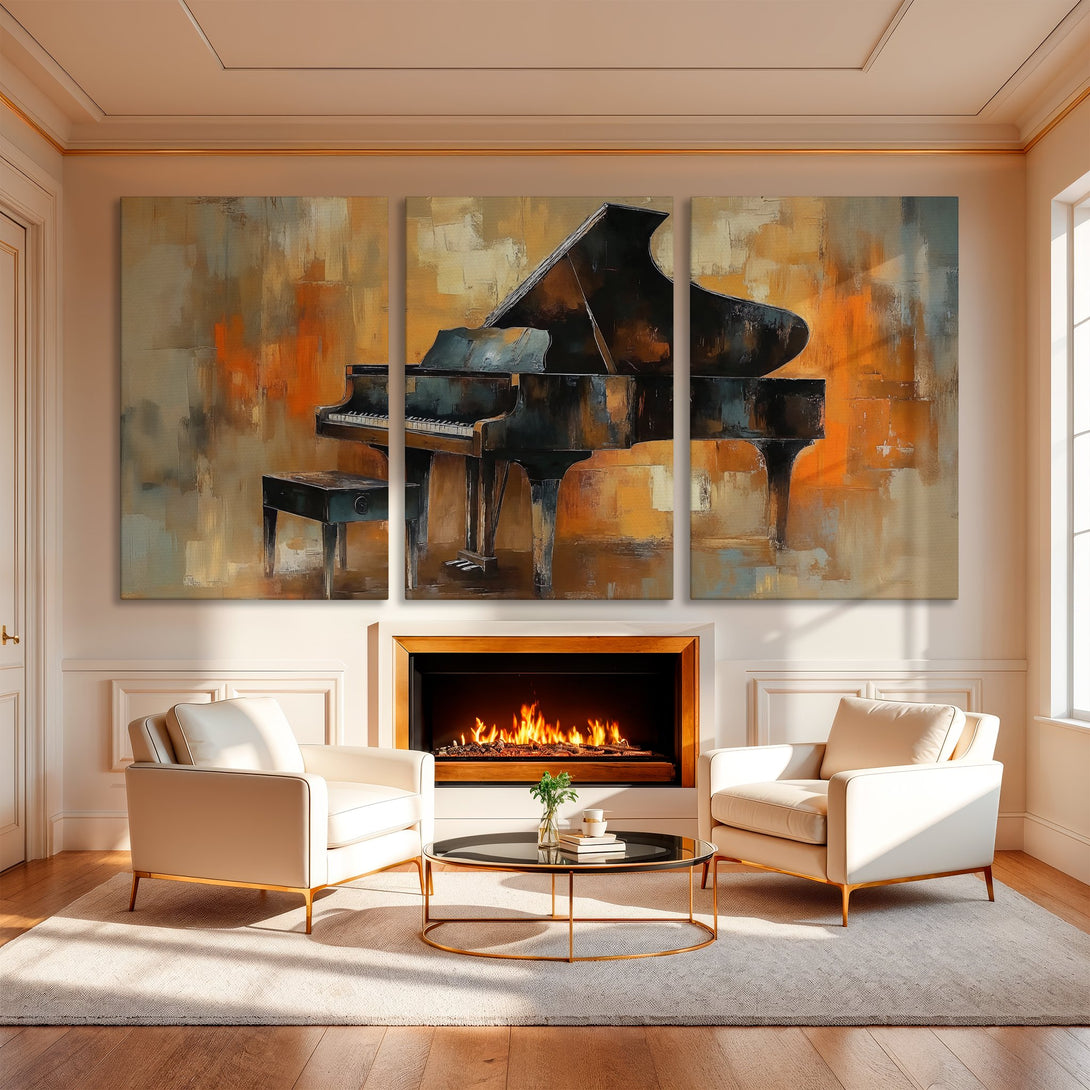 Canvas Print of a grand piano in an abstract style, with warm orange and neutral tones. Adds elegance to any space.