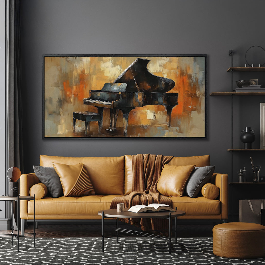 Framed Wall Art: Abstract piano painting in warm orange & brown tones. Stylish decor for living room. Elevate your space with this canvas print!
