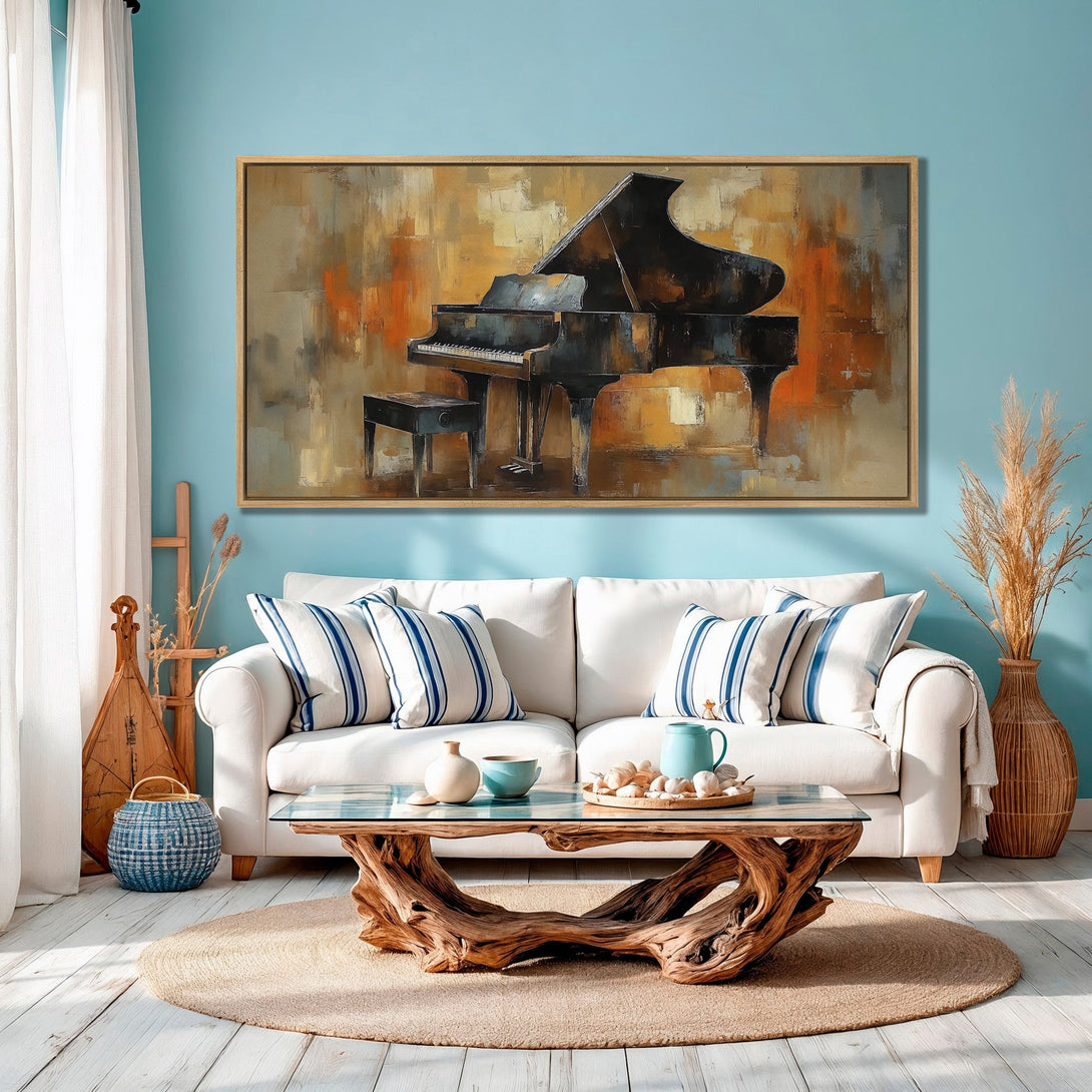 Framed Wall Art featuring a piano painting in a modern, abstract style. Warm orange and brown tones complement the cool blue interior.