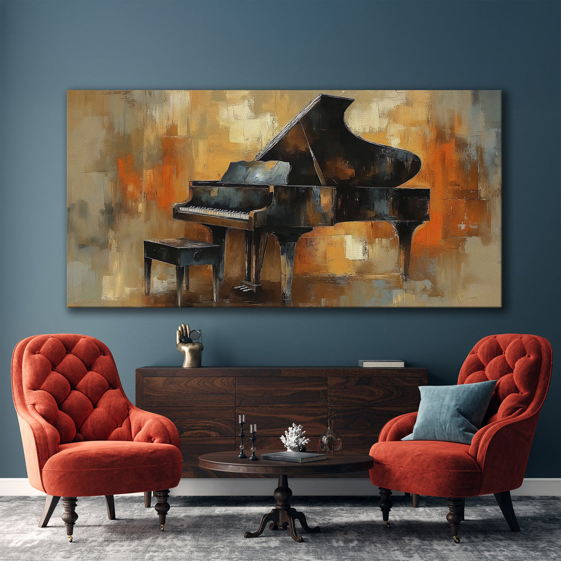 Framed Wall Art: Abstract piano painting with warm orange & brown tones. Modern art for living room decor, bringing a touch of elegance.