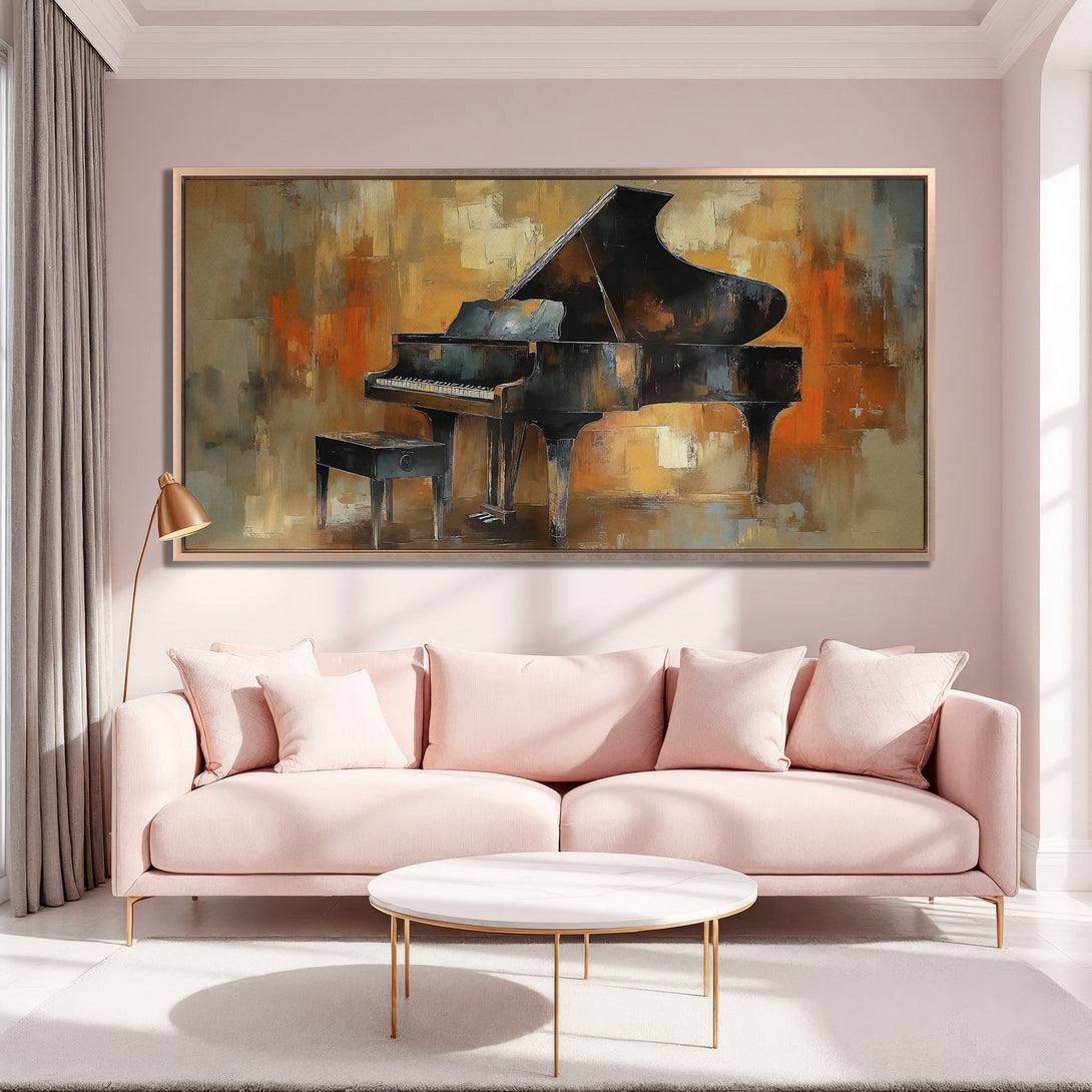 Framed Wall Art: Abstract piano painting in warm tones. Elevate your space with this stunning canvas print featuring a black grand piano. Perfect for any room!