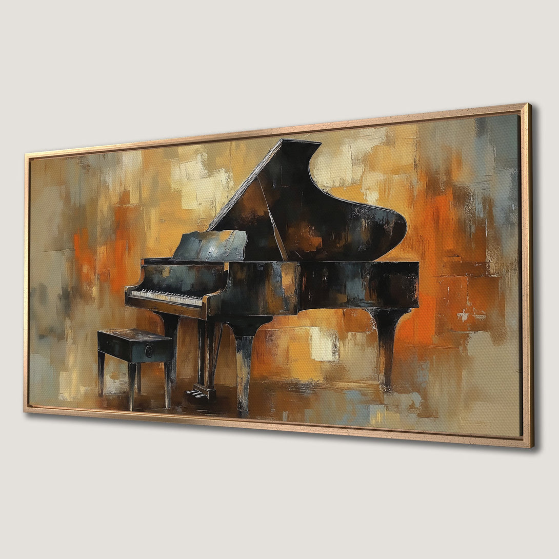 Framed Wall Art of a grand piano in an abstract style with warm orange and brown tones. Perfect for adding sophistication to your home!