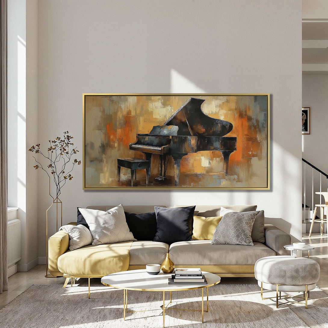 Canvas Print of a grand piano in an abstract style, featuring warm orange and brown tones. Perfect for adding a touch of elegance to your home decor.