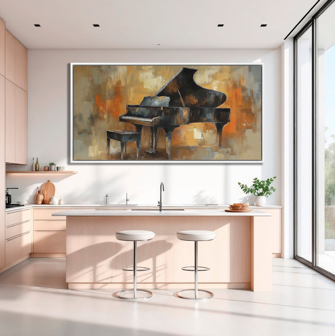 Framed Wall Art: Abstract piano painting in warm orange and brown tones. Stylish decor for any space. Enhance your home with this stunning Canvas Print.