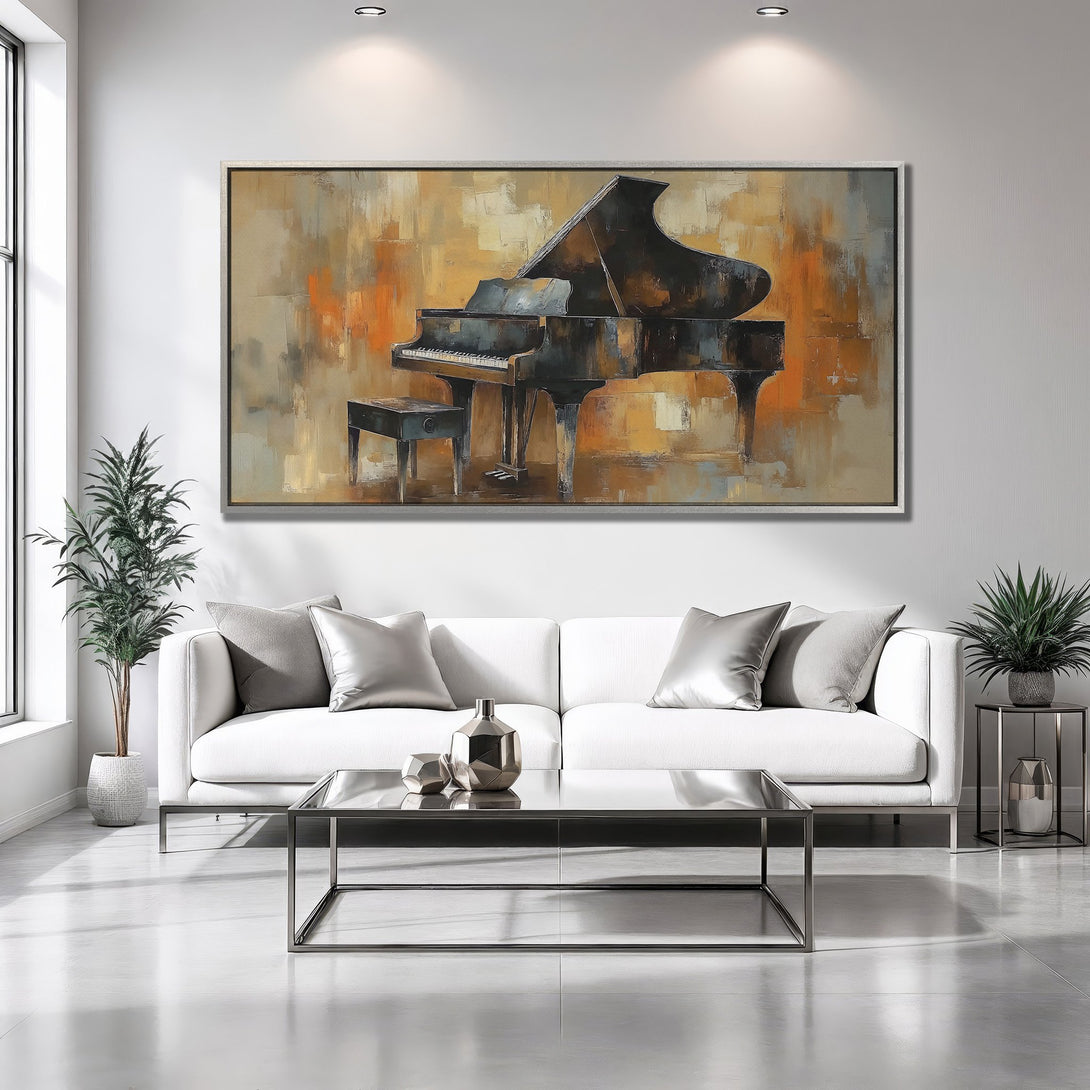 Framed Wall Art: Abstract piano painting in warm orange and brown tones. Perfect for living room decor. Modern art canvas print.