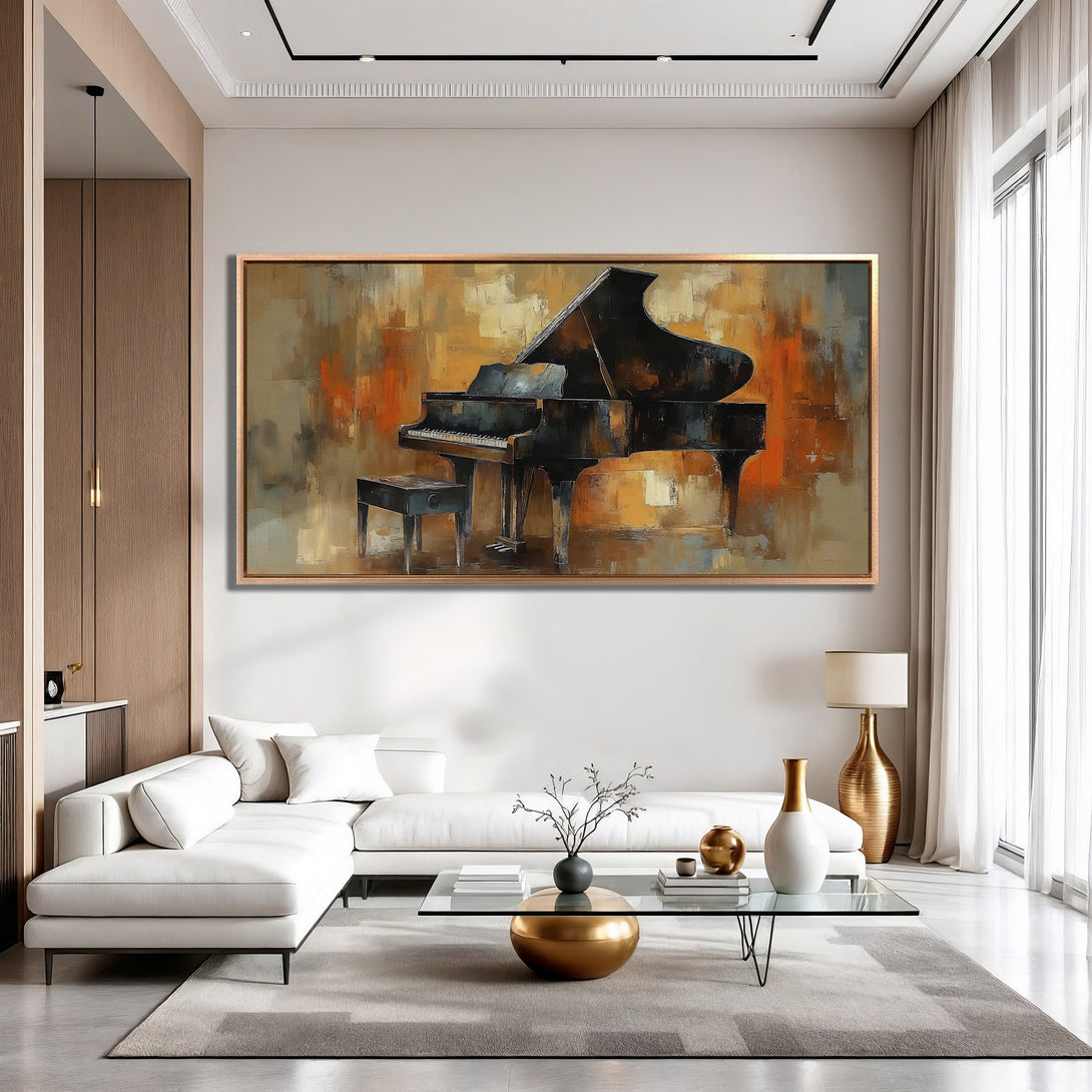 Framed Wall Art featuring a black piano painting with an abstract style and warm orange and brown color palette, perfect for modern interiors.