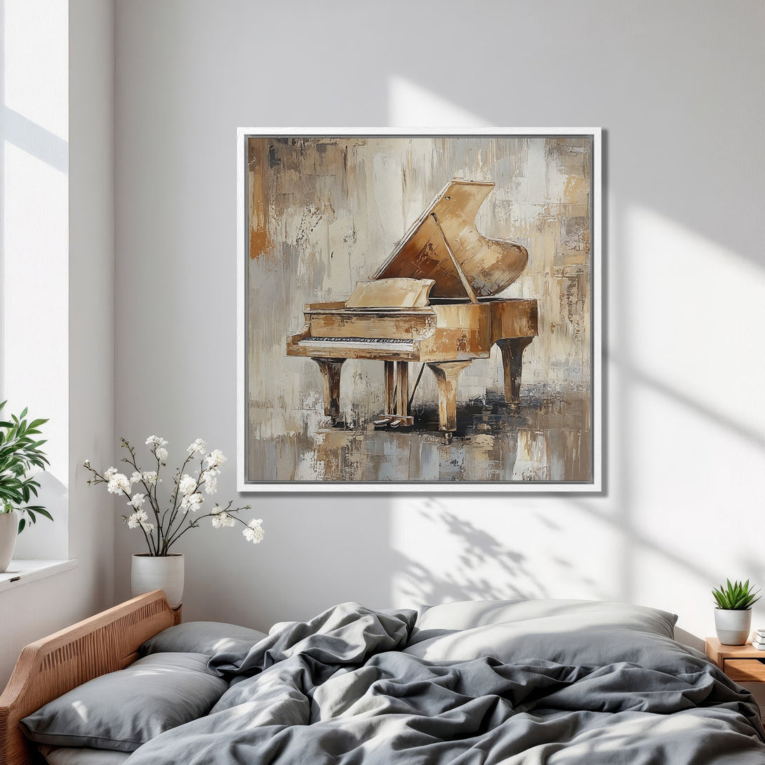 Framed Wall Art: Abstract piano painting in neutral tones. Elegant canvas print for bedroom decor, adding a touch of sophistication.