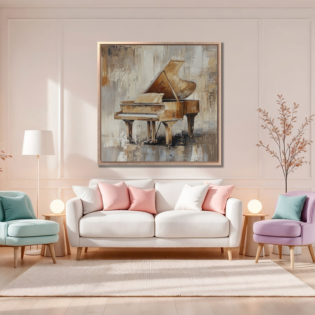 Framed Wall Art featuring a grand piano abstract painting in neutral tones. Perfect for adding elegance to any living room.