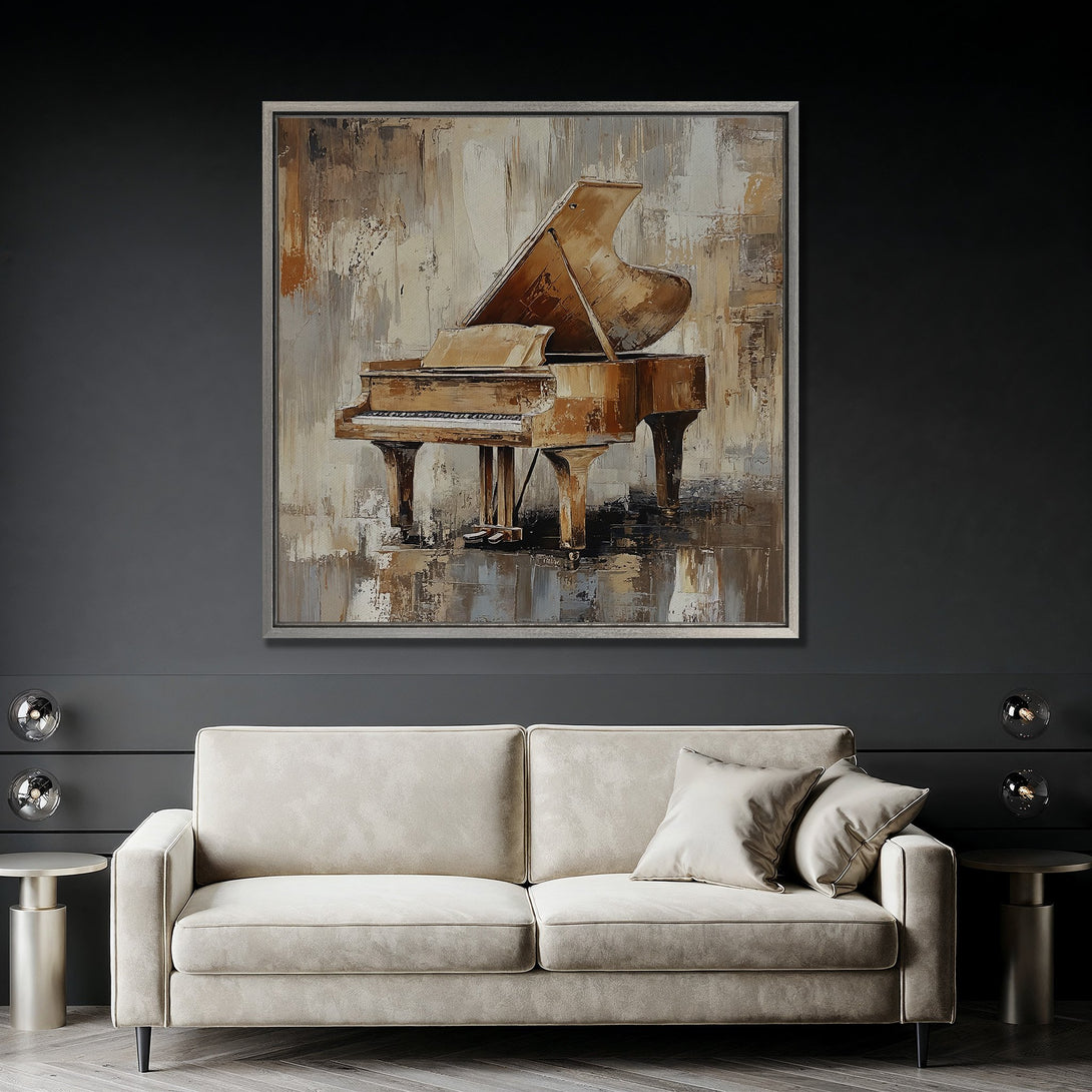 Framed Wall Art: Abstract piano painting in neutral tones. Perfect for adding elegance to your living room. Warm color palette complements any decor.