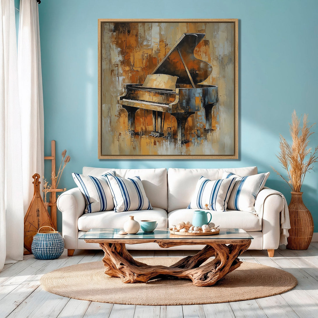 Framed Wall Art featuring an abstract piano painting in warm hues of brown and gold. Adds a touch of elegance to any living room with a coastal vibe.