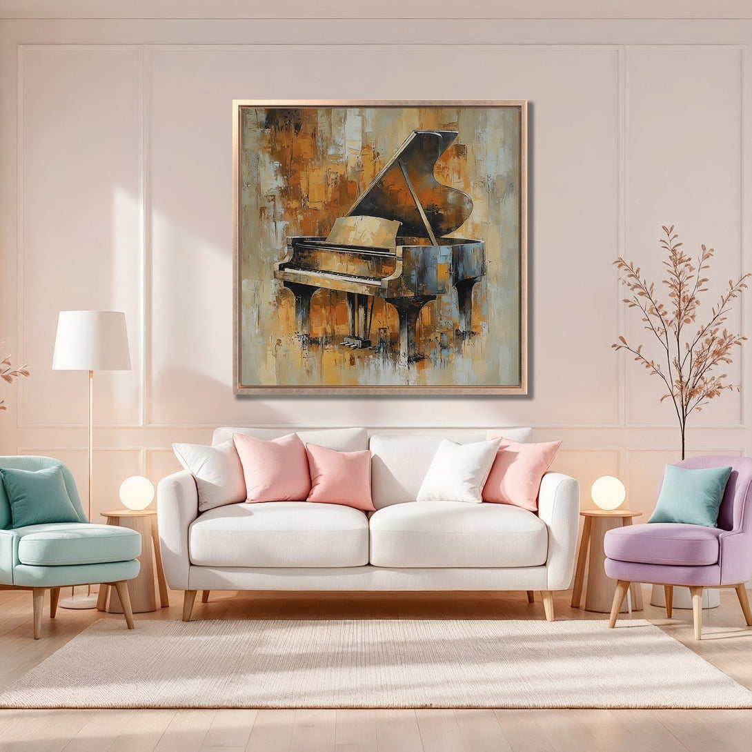 Framed Wall Art: Abstract piano painting in warm gold and gray tones. Modern art canvas print adds elegance to any living room.