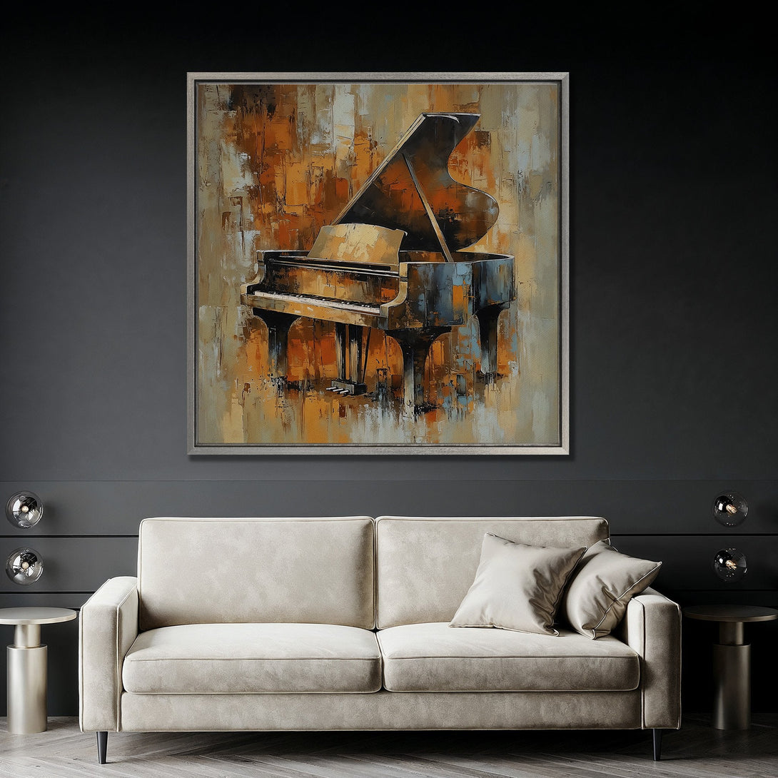 Framed Wall Art of a grand piano. Abstract style with warm orange & blue tones. Perfect living room decor. Canvas Print.