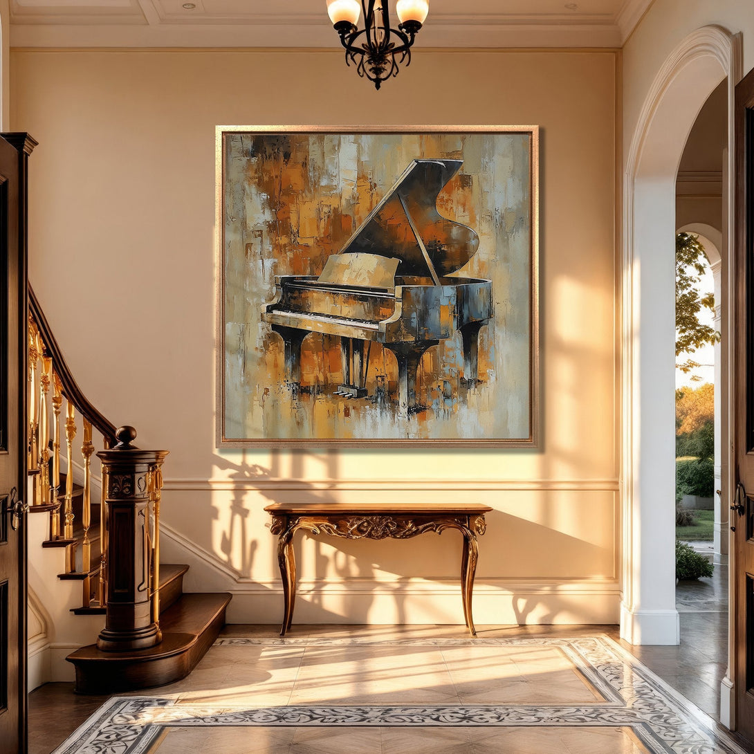 Framed Wall Art: Abstract piano painting with warm orange and neutral tones. Perfect for adding elegance to any space. Shop now!