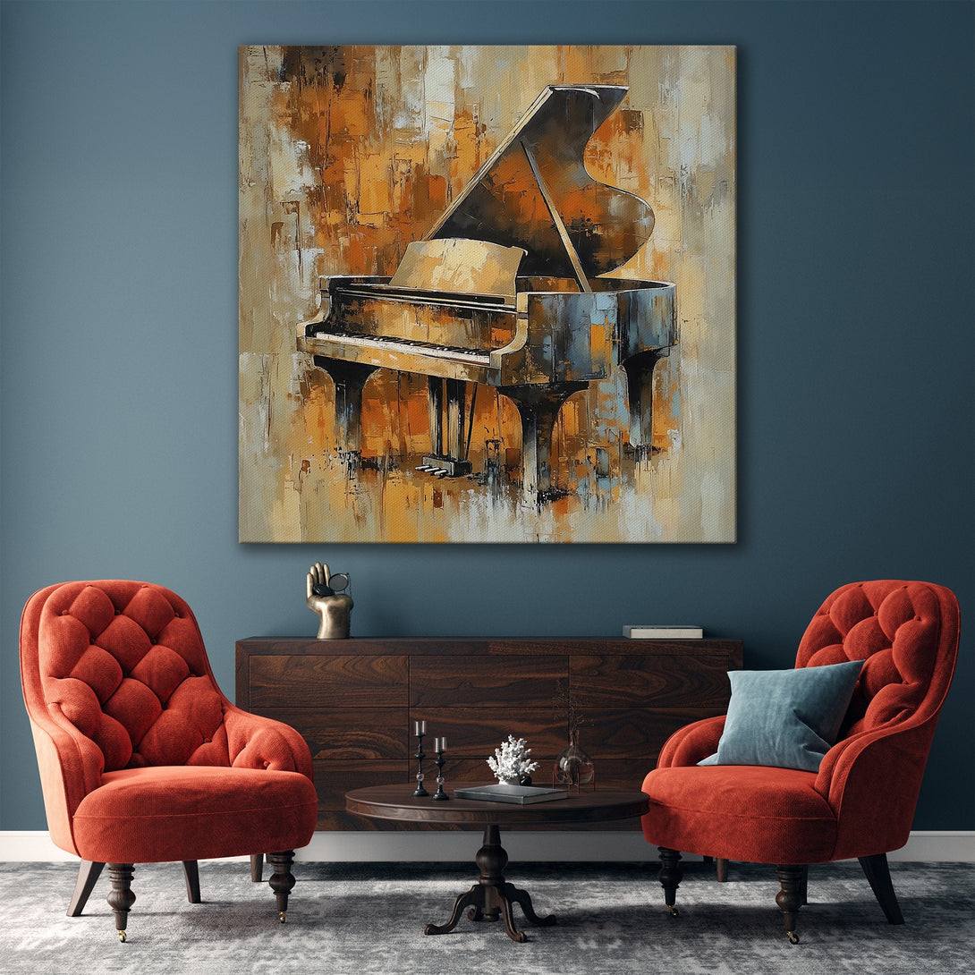Framed Wall Art: Abstract piano painting in warm orange & gold tones. Stylish decor for living rooms. Elevate your space with this beautiful canvas print.