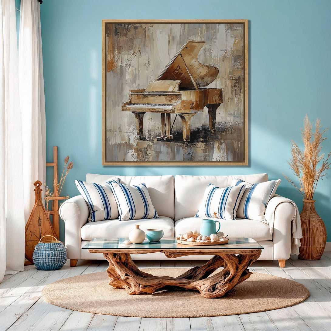 Framed Wall Art: Abstract piano painting in neutral tones. Adds elegance to any space. Warm color palette complements the coastal-inspired interior.