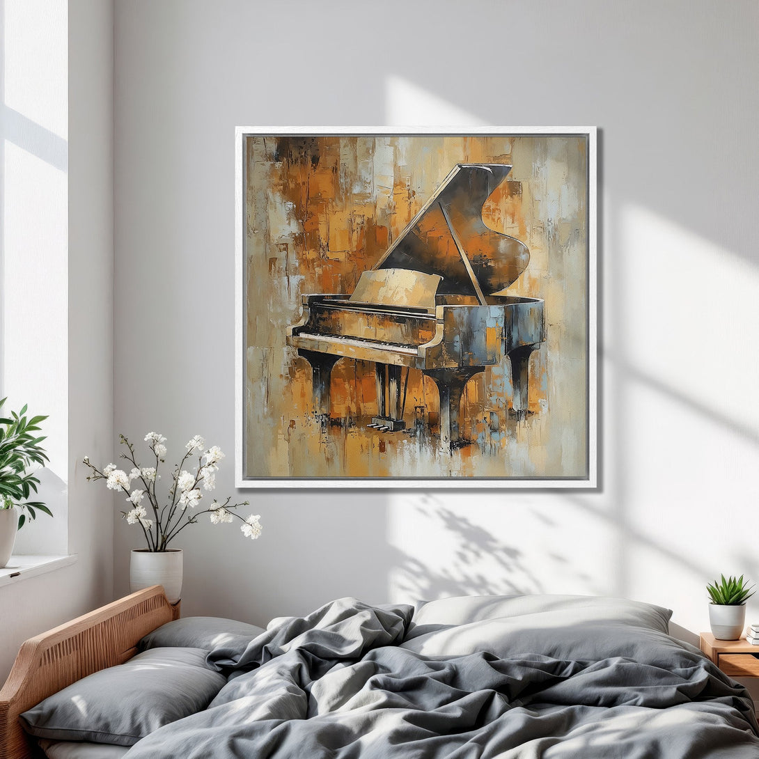 Framed Wall Art featuring an abstract piano painting in warm orange and gray tones. Perfect for adding musical elegance to your bedroom decor.