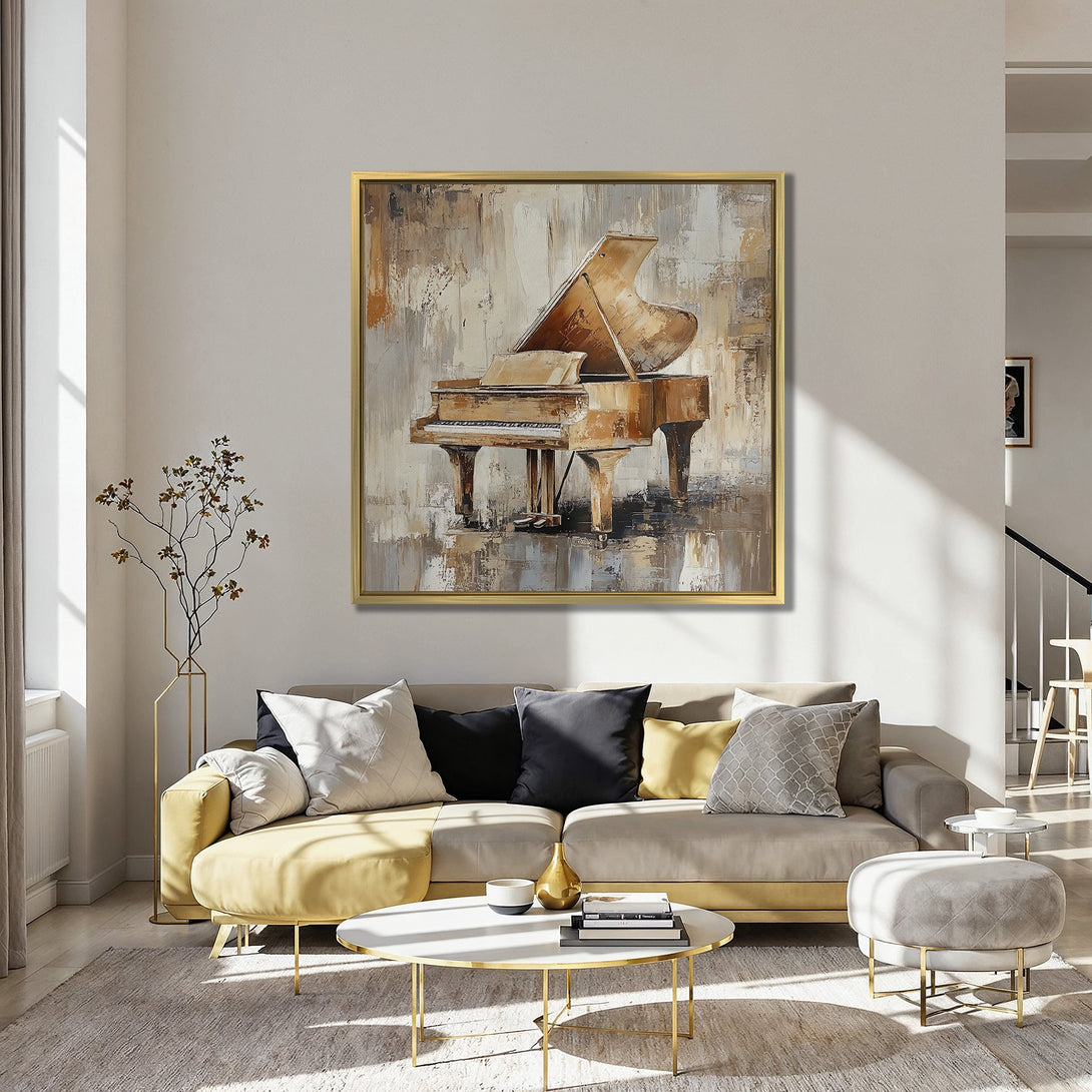 Canvas Print of a grand piano, abstract style in warm tones. Perfect for adding elegance to your living room or home decor.