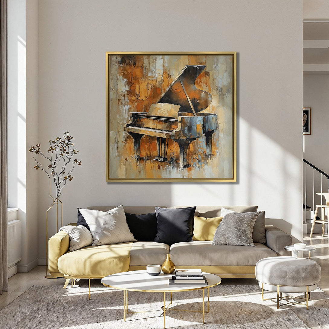 Canvas Print of a grand piano, abstract style, warm orange and blue tones. Perfect for living room decor.