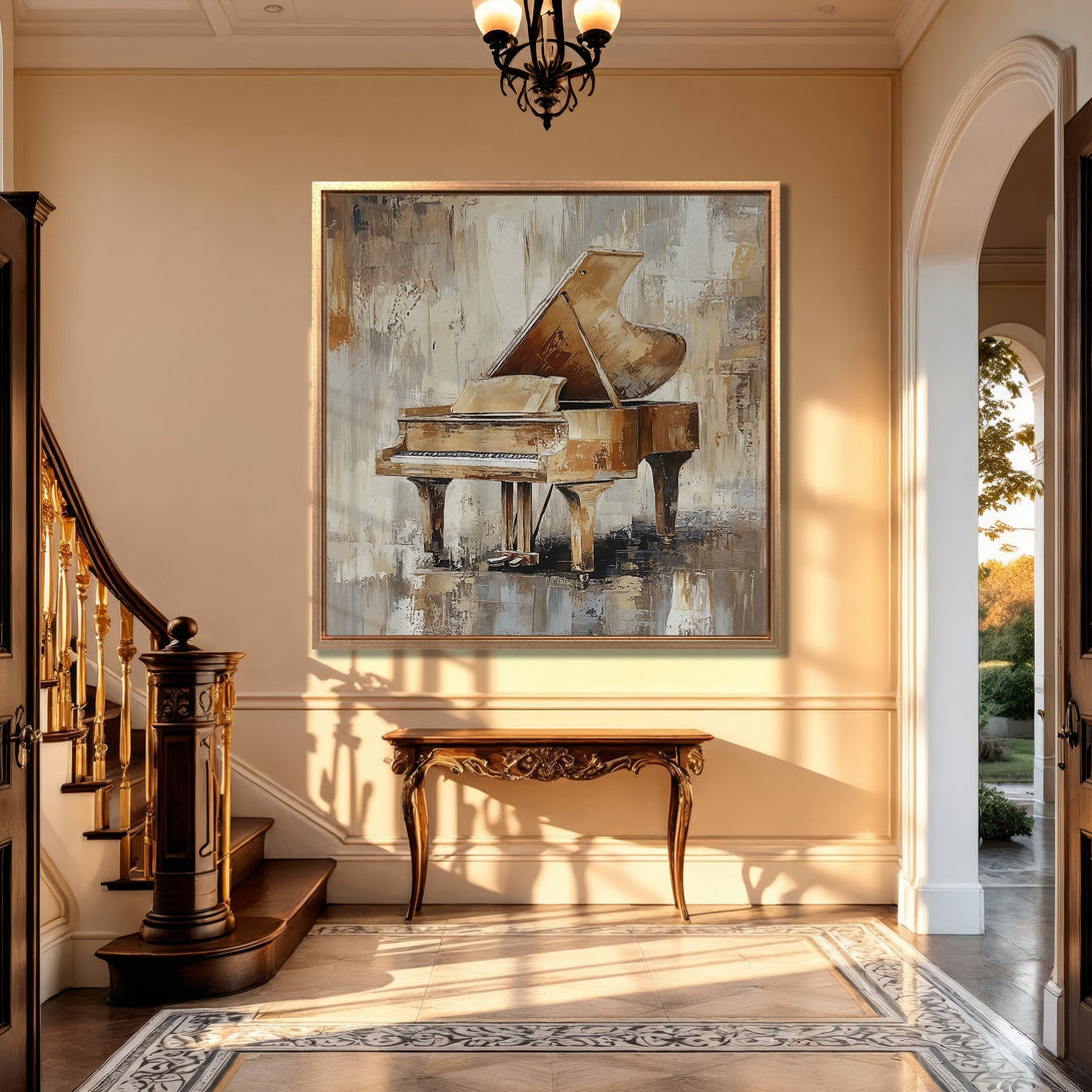 Framed Wall Art: Abstract piano painting in warm beige and brown tones. Elegant artwork adds a touch of sophistication to any interior.
