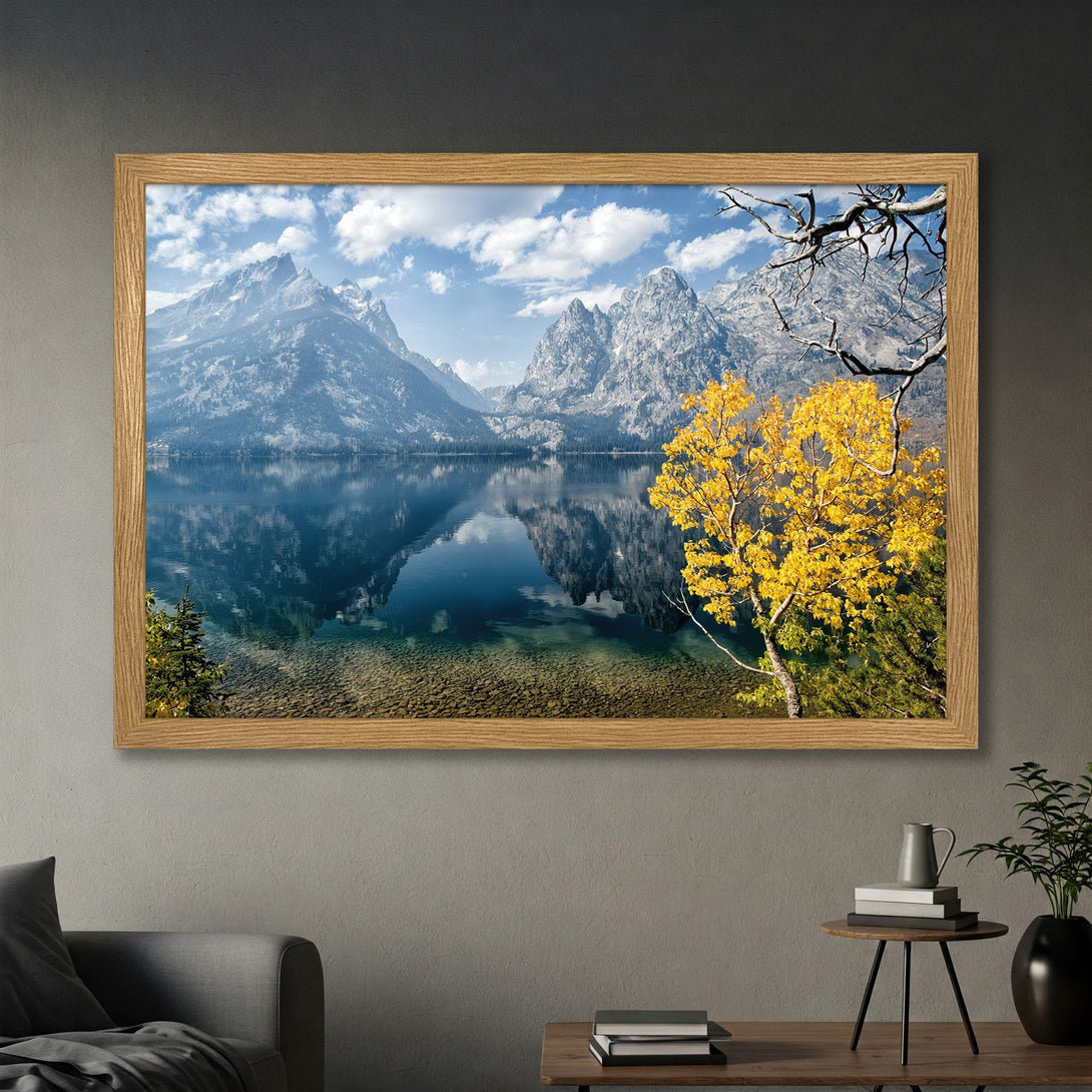 Framed Poster of a stunning mountain lake landscape. Serene nature art with blue, green, and yellow hues. Perfect wall decor.