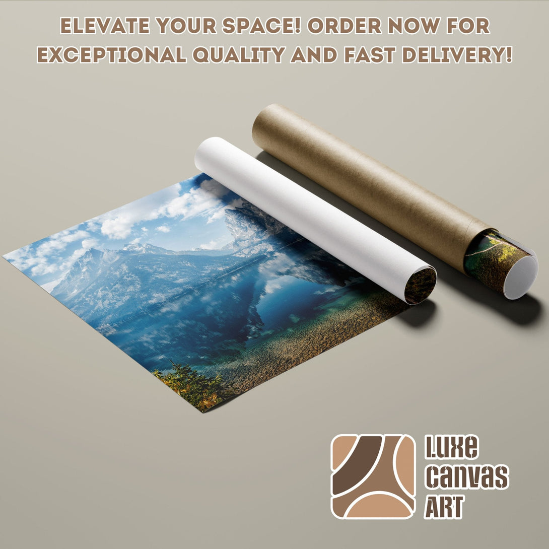 Poster Roll featuring a stunning mountain landscape, blue and green hues, perfect for home decor.