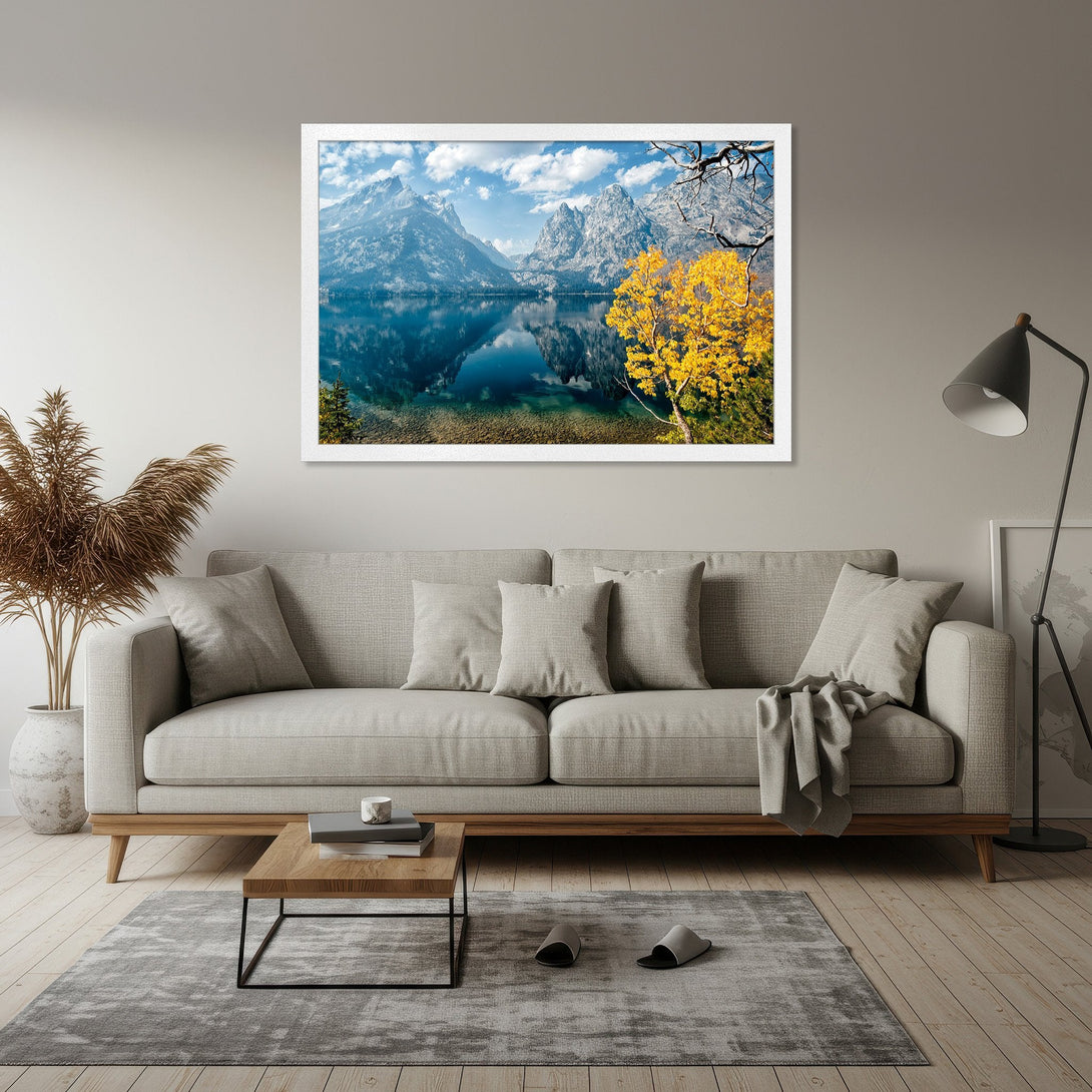 Framed Poster of a stunning mountain lake landscape. Serene, natural style with blue, green, and yellow color palette. Perfect wall art!