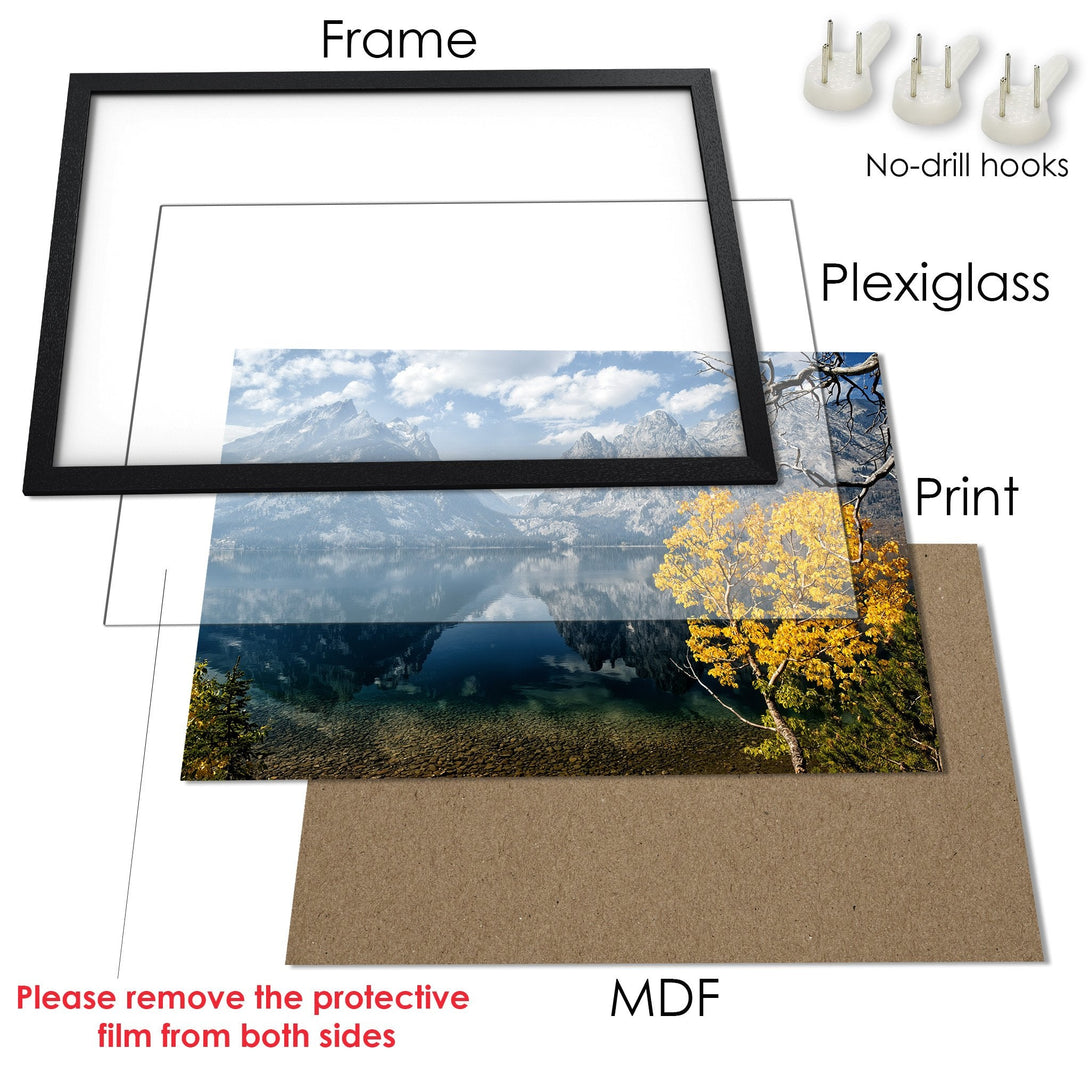 Framed Poster of a serene lake scene with mountains, featuring a black frame. Nature-inspired art in blue, green, and yellow tones. Ready to hang!