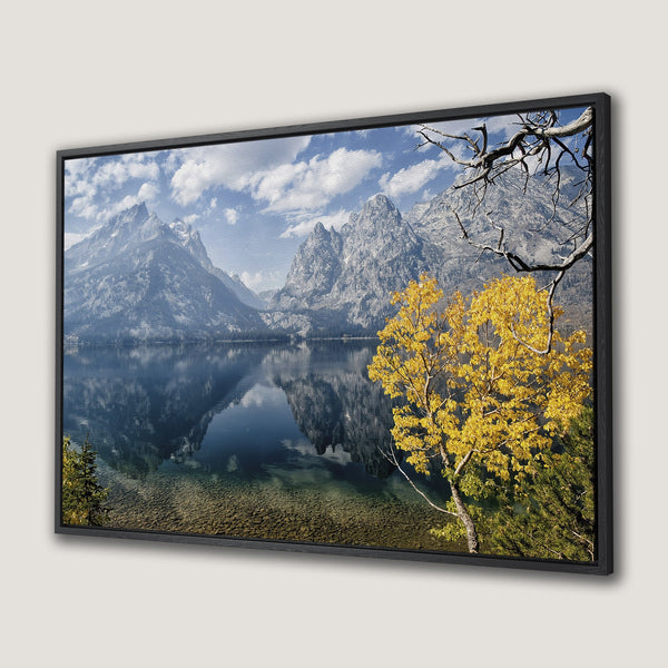 Framed Wall Art: Stunning landscape Canvas Print of a mountain lake with fall colors. Featuring blue, yellow, and grey tones. Perfect for home decor!