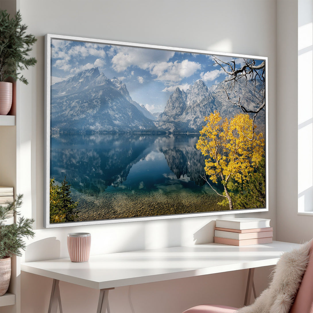 Framed Wall Art featuring a stunning mountain lake landscape in cool blues, greens, and pops of yellow. Elevate your home decor with this serene Canvas Print.