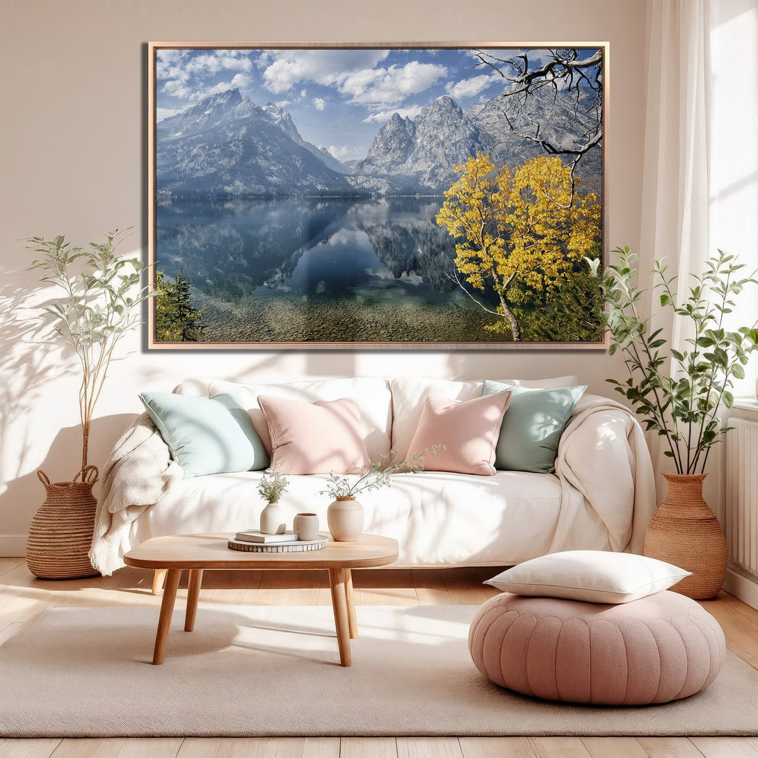 Framed Wall Art: Stunning mountain landscape Canvas Print with a serene lake. Earthy tones with pops of yellow, perfect for adding a touch of nature to your home.