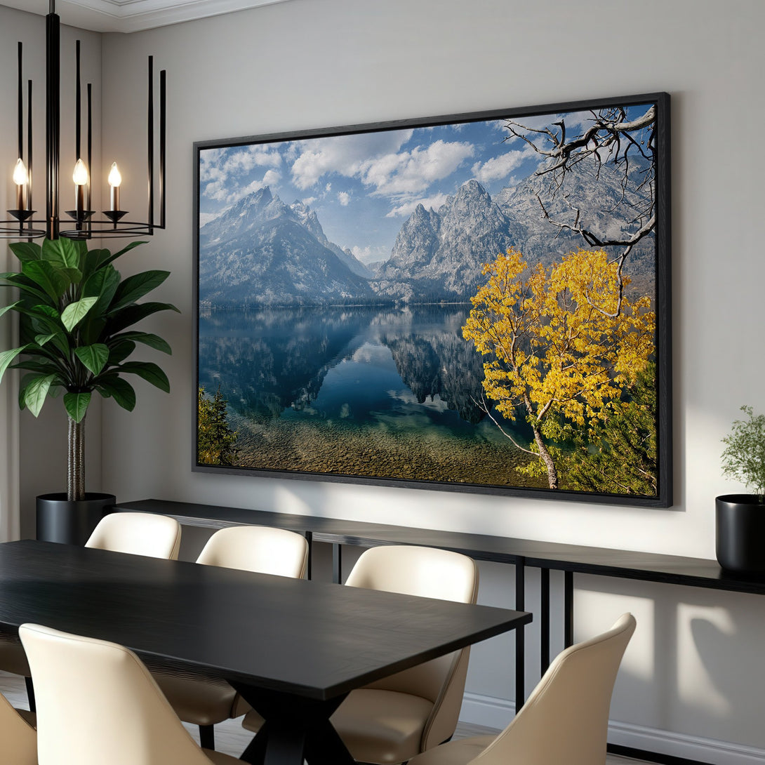 Framed Wall Art: Stunning landscape Canvas Print featuring mountains, lake, and fall colors. Perfect for adding nature-inspired art to your home decor.
