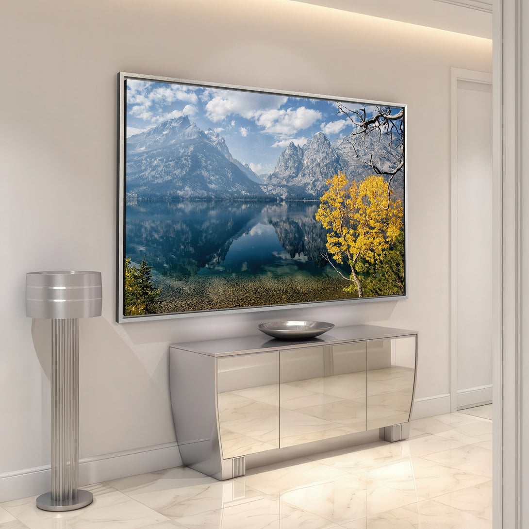 Framed Wall Art of a mountain lake scene in blue and yellow hues. Modern interior design with a stunning Canvas Print to elevate your space.