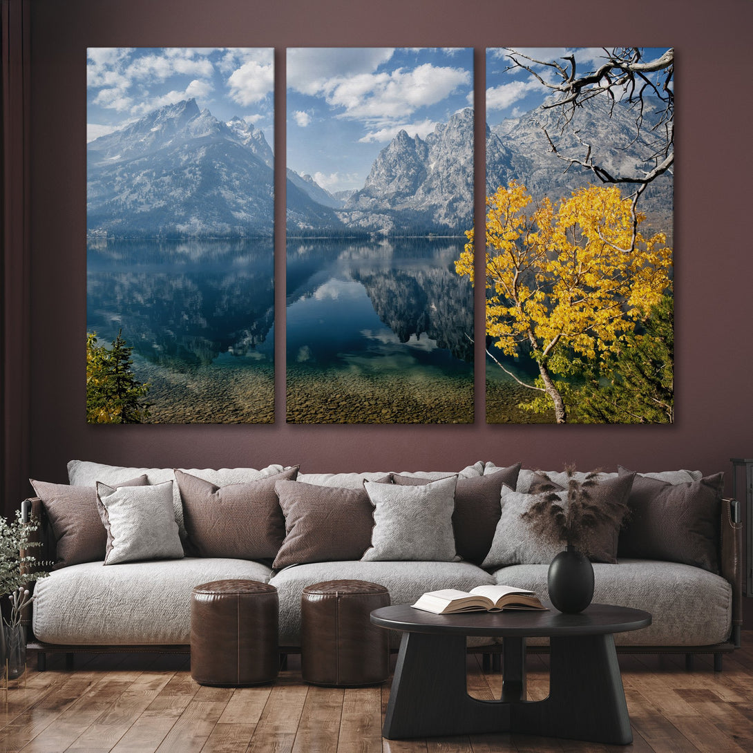 Canvas Print of a serene mountain lake scene with blue, green, and yellow hues. Perfect for adding a touch of nature to your home decor.
